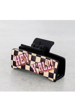 WESTERN HAIR CLAW CLIP BLACK LEATHER CHECKERED "HEY YALL"