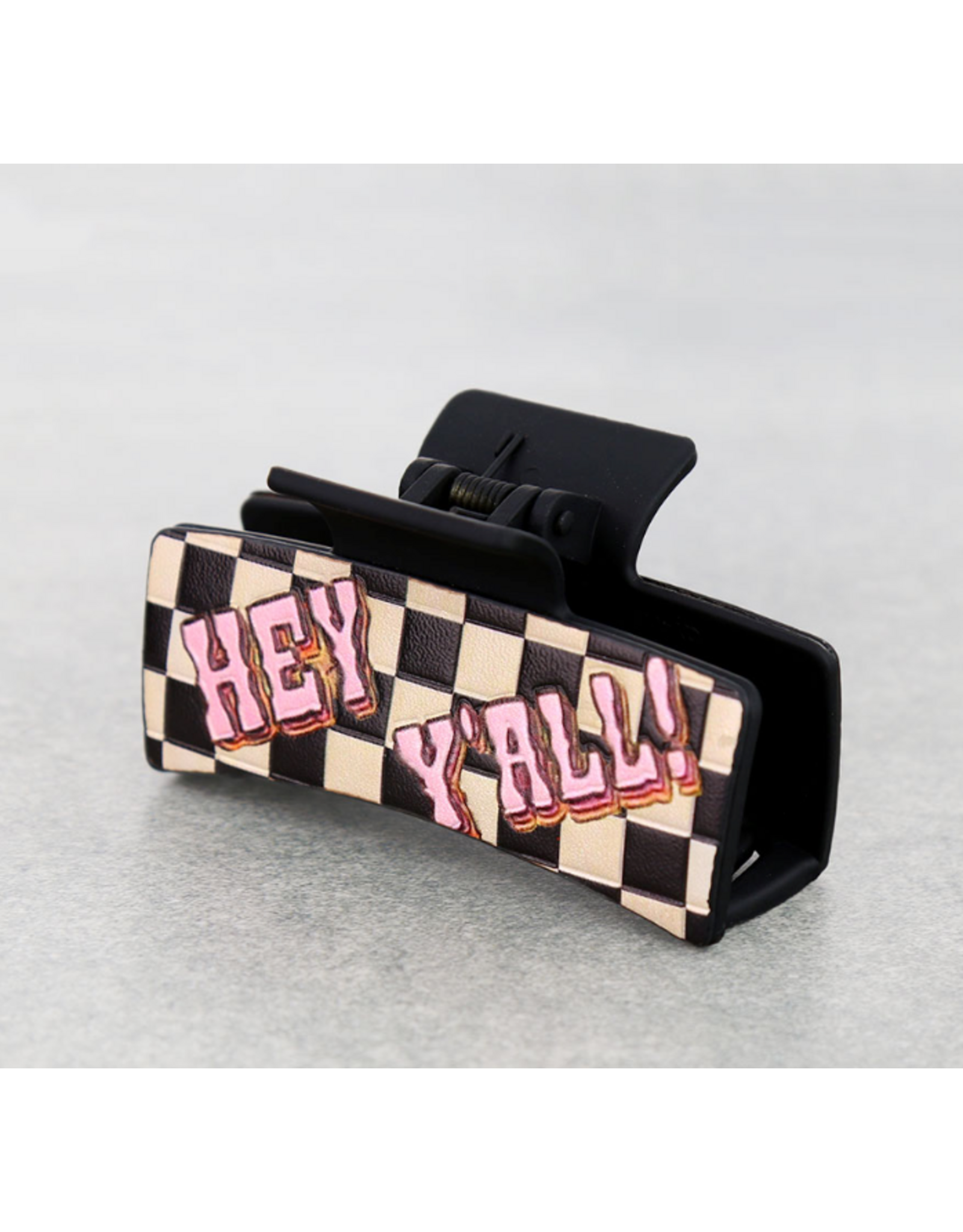 WESTERN HAIR CLAW CLIP BLACK LEATHER CHECKERED "HEY YALL"