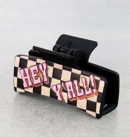 WESTERN HAIR CLAW CLIP BLACK LEATHER CHECKERED "HEY YALL"