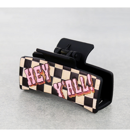 WESTERN HAIR CLAW CLIP BLACK LEATHER CHECKERED "HEY YALL"