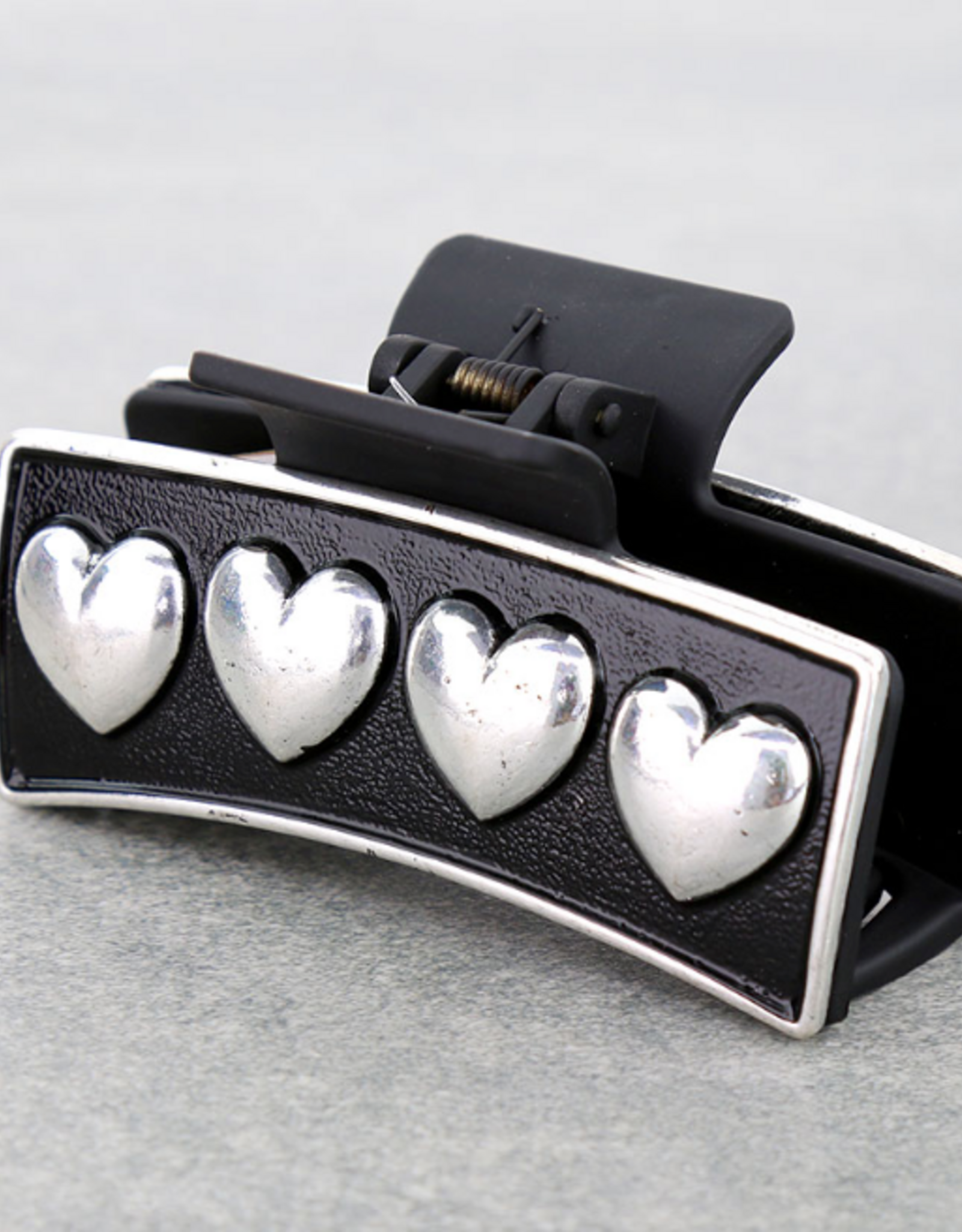WESTERN HAIR CLAW CLIP BLACK METAL PLATED 4 HEARTS
