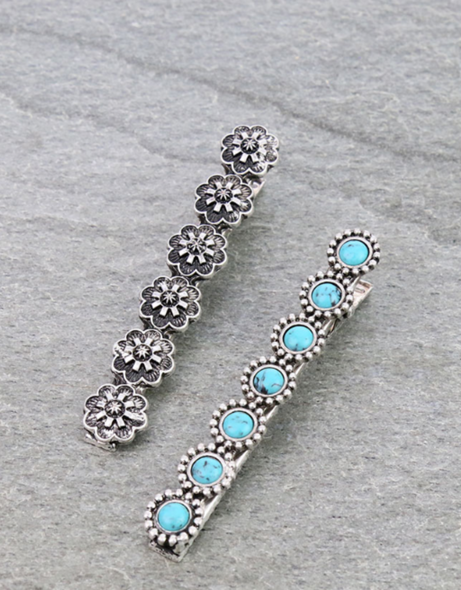 WESTERN BOBBY PINS SET OF 2 FLOWER CONCHO, TURQUOISE CIRCLES