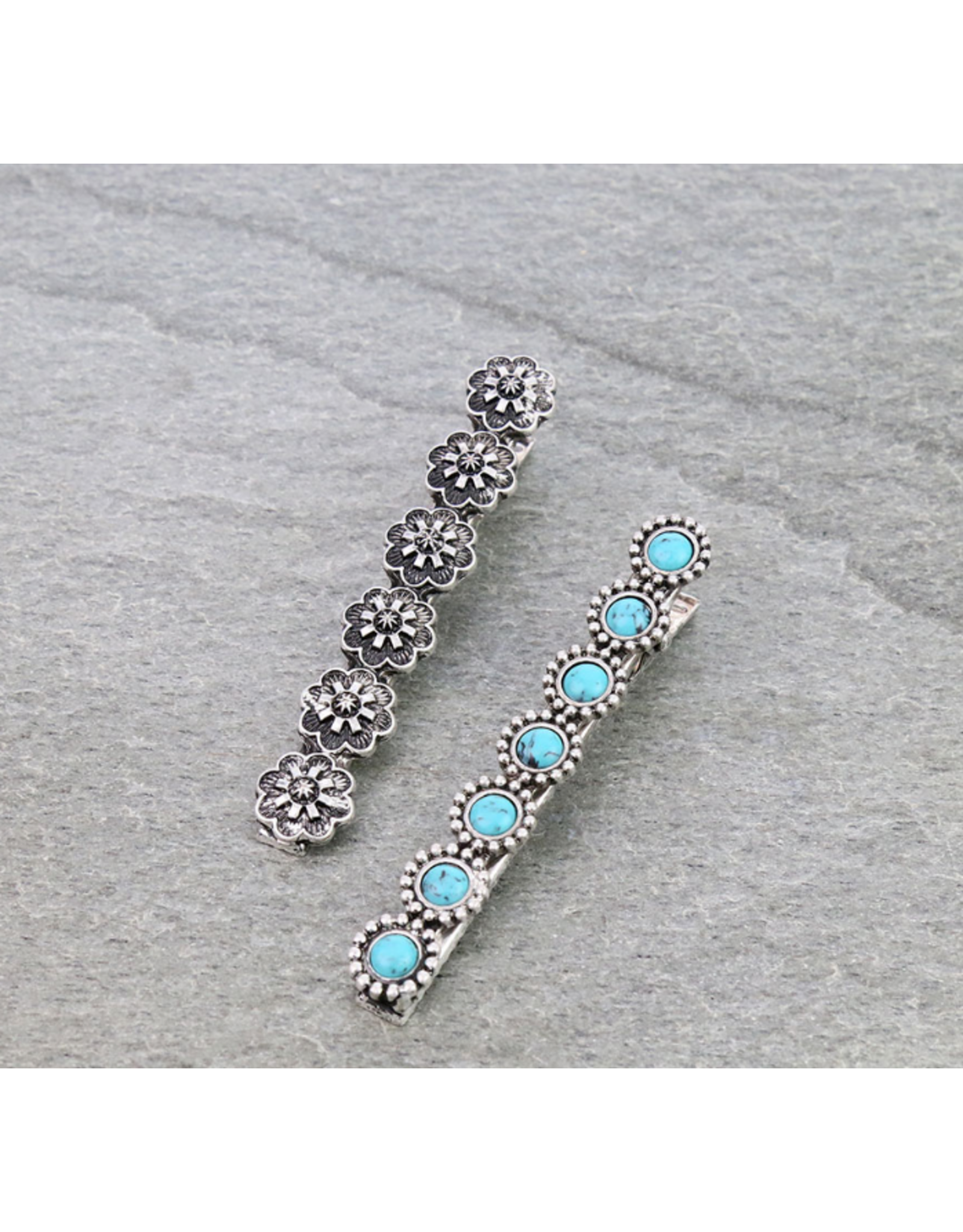 WESTERN BOBBY PINS SET OF 2 FLOWER CONCHO, TURQUOISE CIRCLES