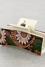 WESTERN HAIR CLAW CLIP WHITE LEATHER FLORAL TOOLED