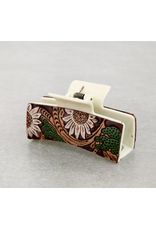 WESTERN HAIR CLAW CLIP WHITE LEATHER FLORAL TOOLED