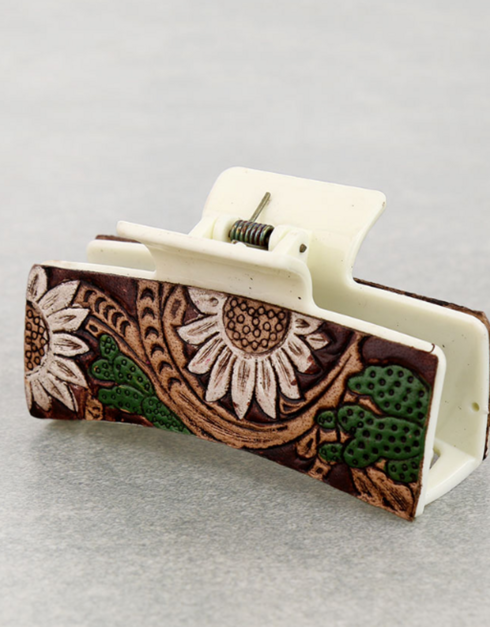 WESTERN HAIR CLAW CLIP WHITE LEATHER FLORAL TOOLED