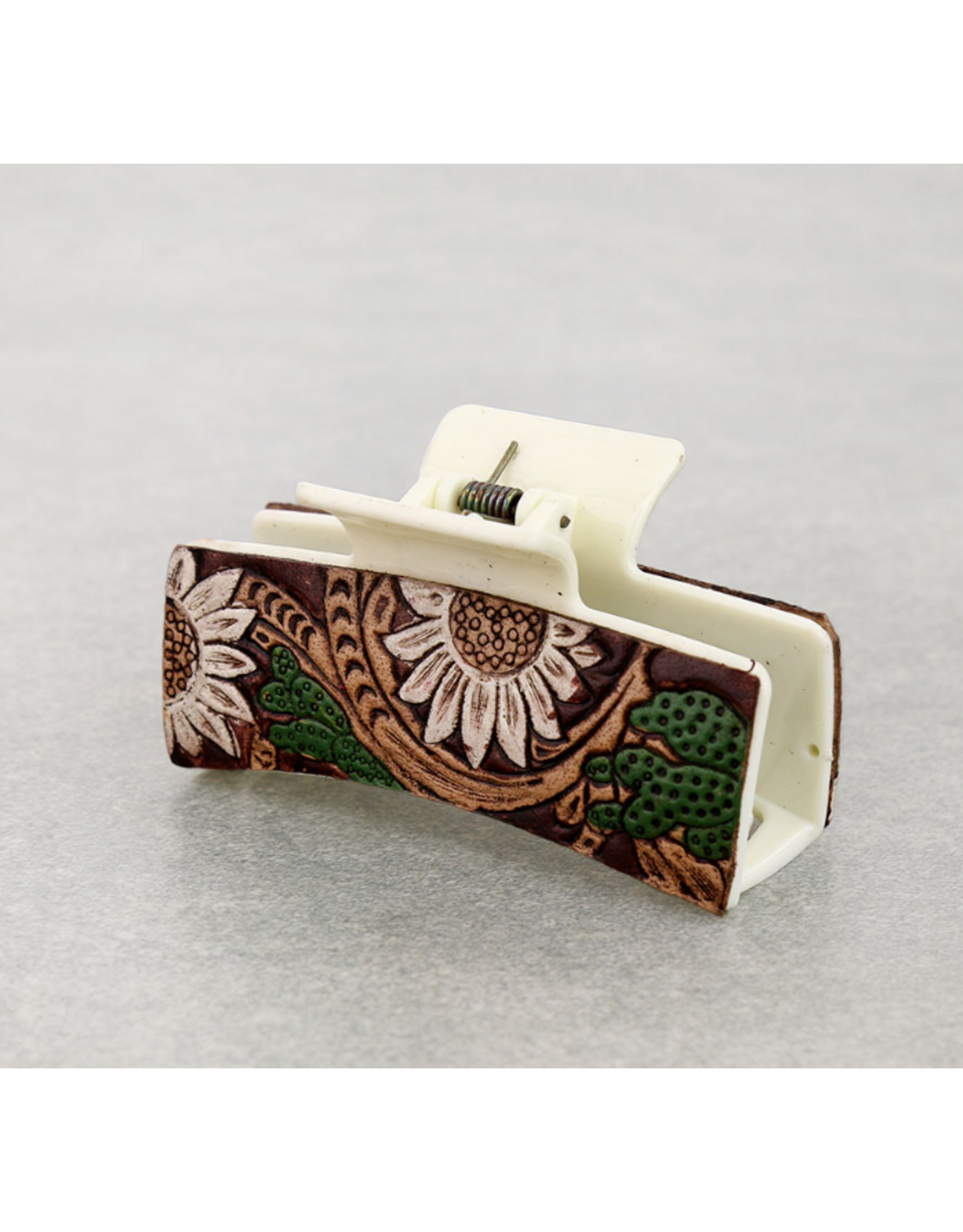 WESTERN HAIR CLAW CLIP WHITE LEATHER FLORAL TOOLED