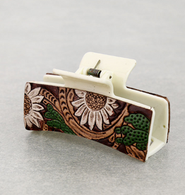 WESTERN HAIR CLAW CLIP WHITE LEATHER FLORAL TOOLED