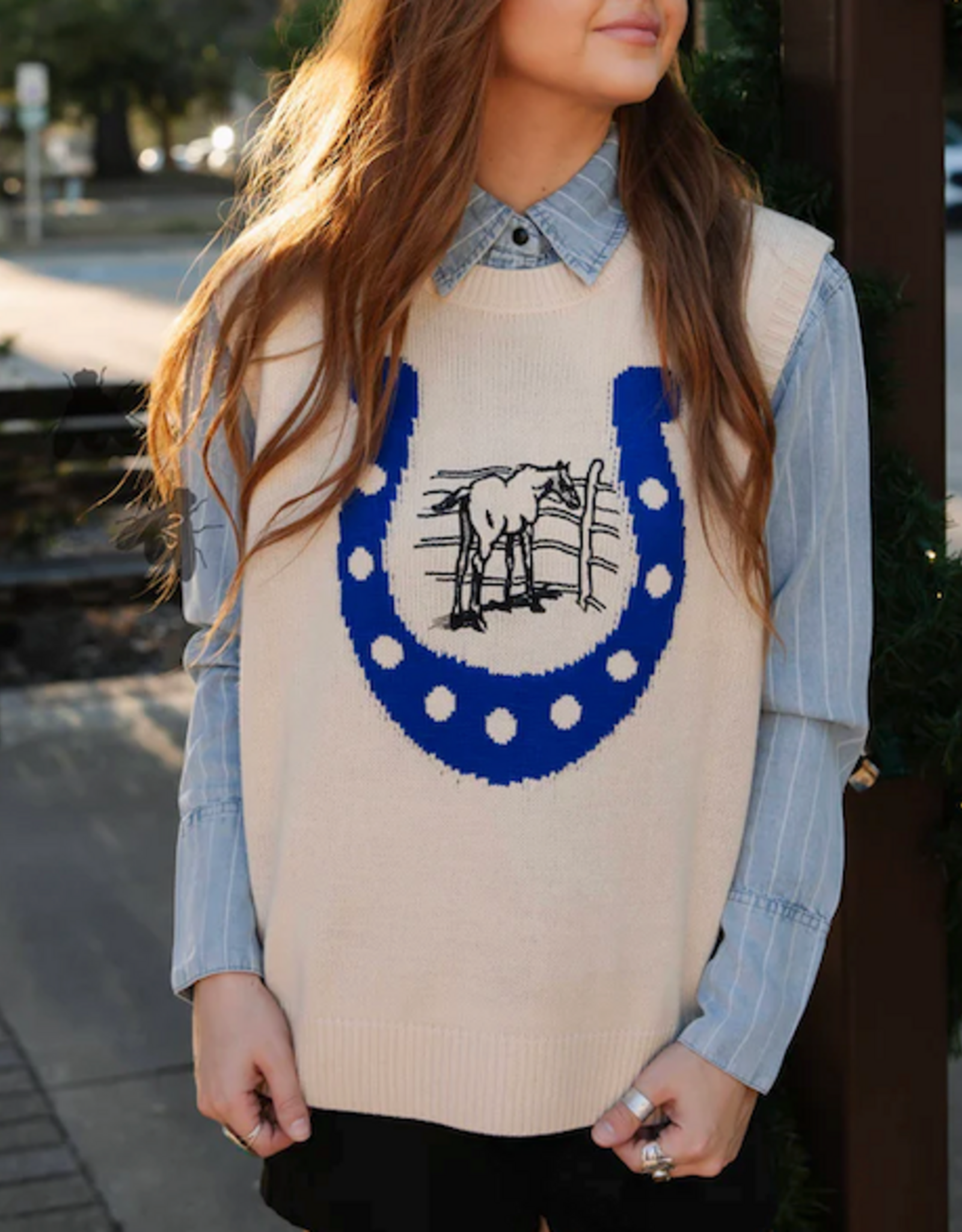 VEST SWEATER WMS STAY LUCKY BLUE HORSESHOE