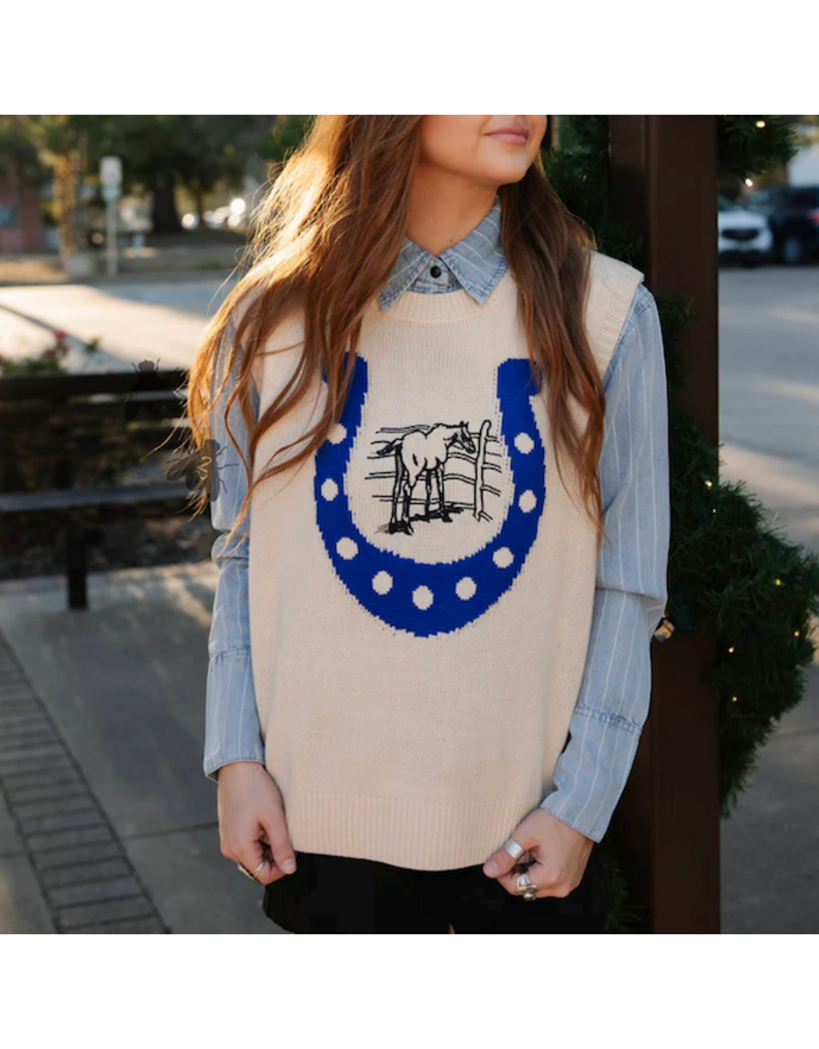 VEST SWEATER WMS STAY LUCKY BLUE HORSESHOE