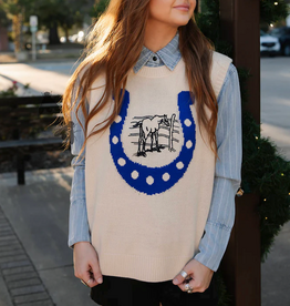 VEST SWEATER WMS STAY LUCKY BLUE HORSESHOE