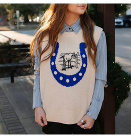 VEST SWEATER WMS STAY LUCKY BLUE HORSESHOE