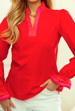 1 THE WOMEN BLOUSE WMS L/S RUFFLE SPLIT NECK STRIPED TRIM RED
