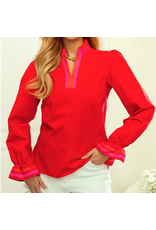 1 THE WOMEN BLOUSE WMS L/S RUFFLE SPLIT NECK STRIPED TRIM RED