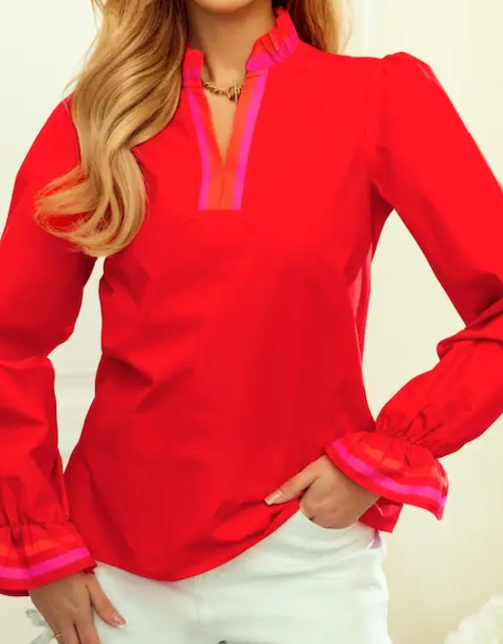 1 THE WOMEN BLOUSE WMS L/S RUFFLE SPLIT NECK STRIPED TRIM RED