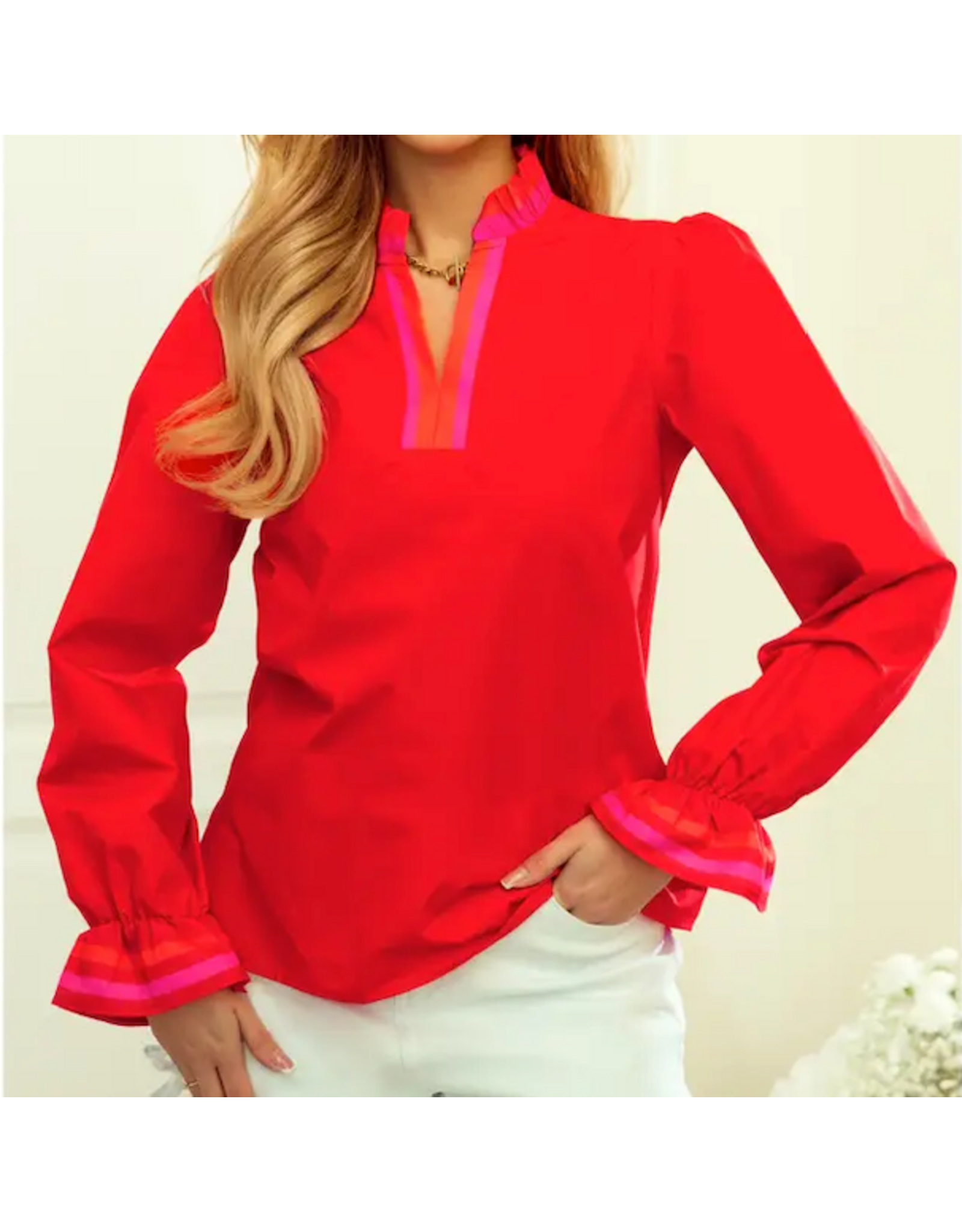 1 THE WOMEN BLOUSE WMS L/S RUFFLE SPLIT NECK STRIPED TRIM RED