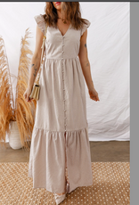 1 THE WOMEN DRESS WMS MAXI BUTTON MIDDLE TAN/WHT STRIPE FLUTTER SLEEVES