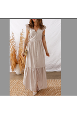 1 THE WOMEN DRESS WMS MAXI BUTTON MIDDLE TAN/WHT STRIPE FLUTTER SLEEVES