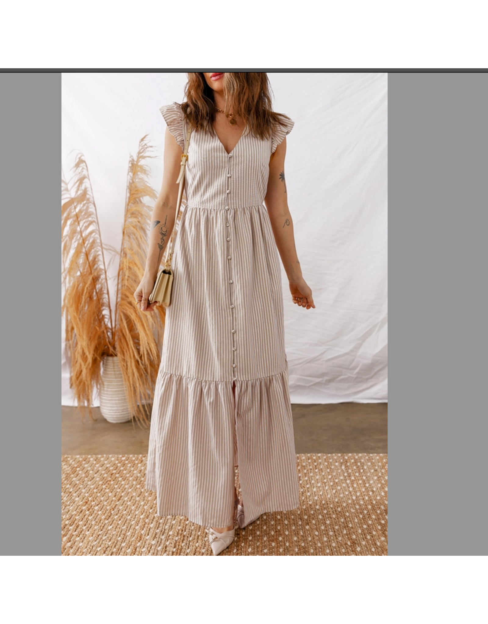 1 THE WOMEN DRESS WMS MAXI BUTTON MIDDLE TAN/WHT STRIPE FLUTTER SLEEVES