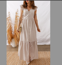 1 THE WOMEN DRESS WMS MAXI BUTTON MIDDLE TAN/WHT STRIPE FLUTTER SLEEVES
