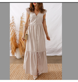 1 THE WOMEN DRESS WMS MAXI BUTTON MIDDLE TAN/WHT STRIPE FLUTTER SLEEVES