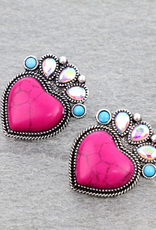 WESTERN HEART STUD EARRING HOT PINK WITH DIAMONDS & TURQ STONES