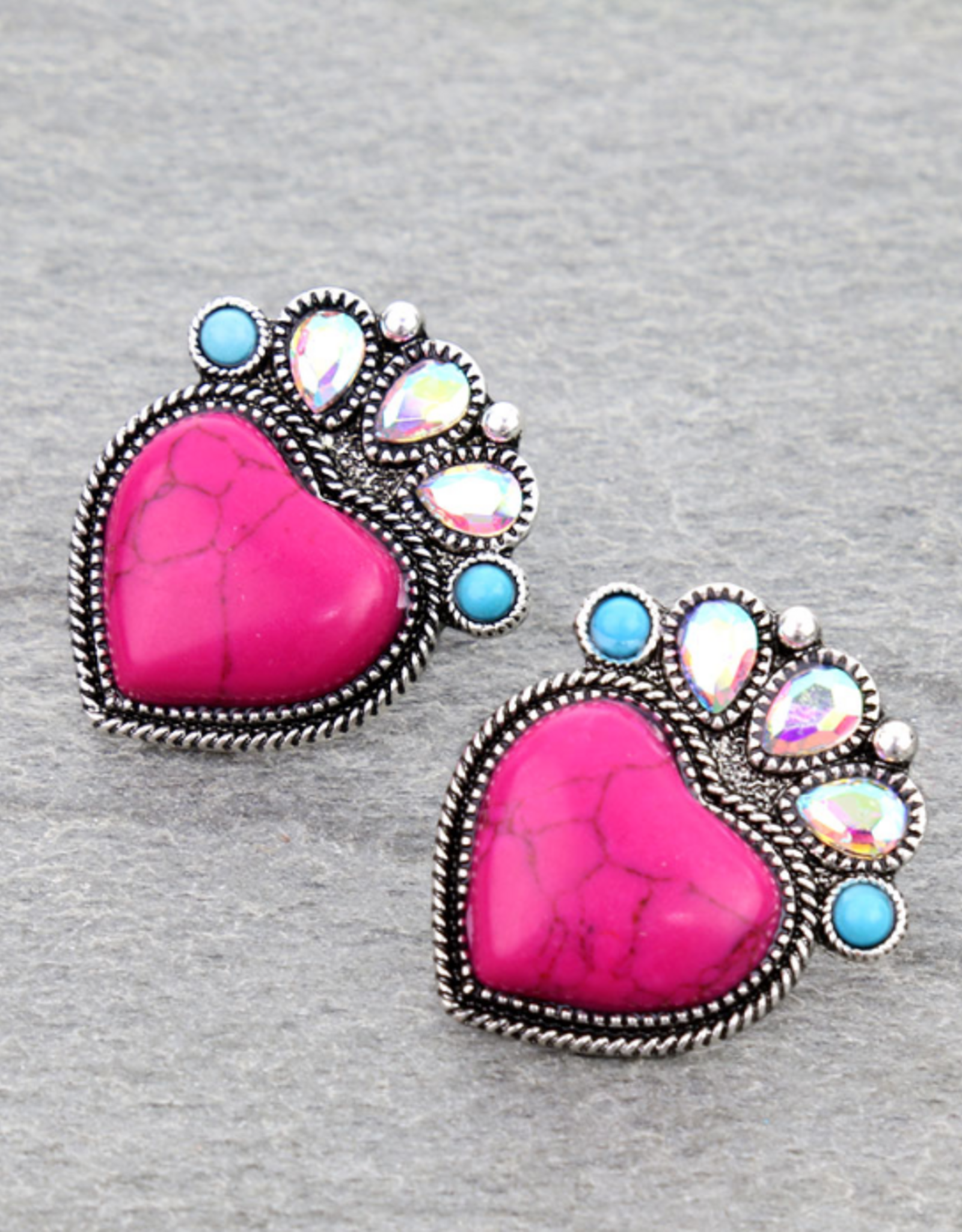 WESTERN HEART STUD EARRING HOT PINK WITH DIAMONDS & TURQ STONES