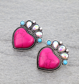 WESTERN HEART STUD EARRING HOT PINK WITH DIAMONDS & TURQ STONES