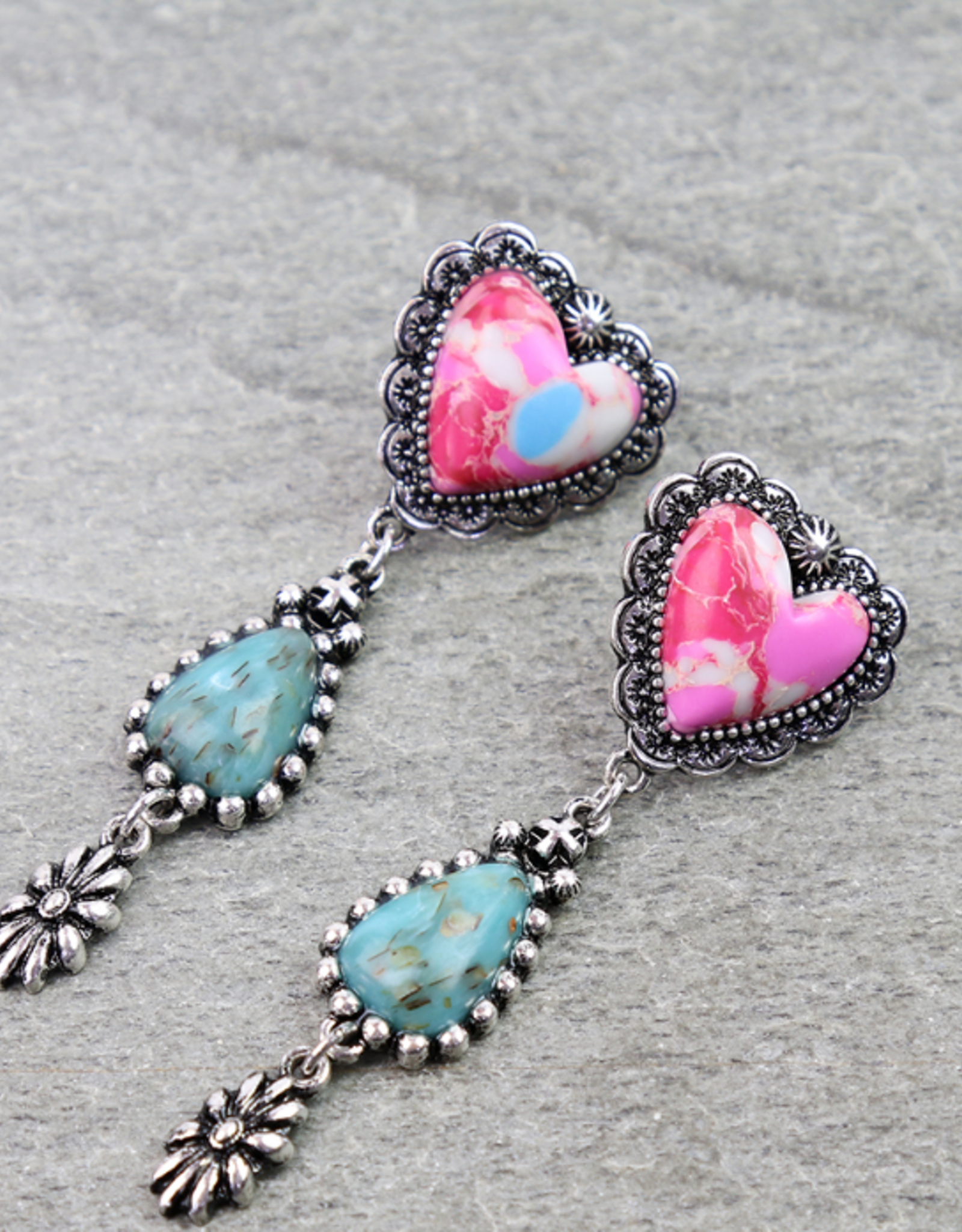 WESTERN DANGLE STUD PINK HEART WITH TURQUOISE TEARDROP