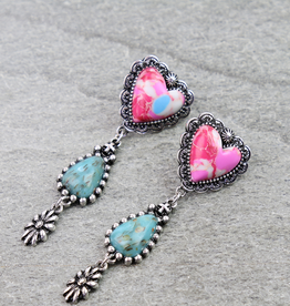 WESTERN DANGLE STUD PINK HEART WITH TURQUOISE TEARDROP