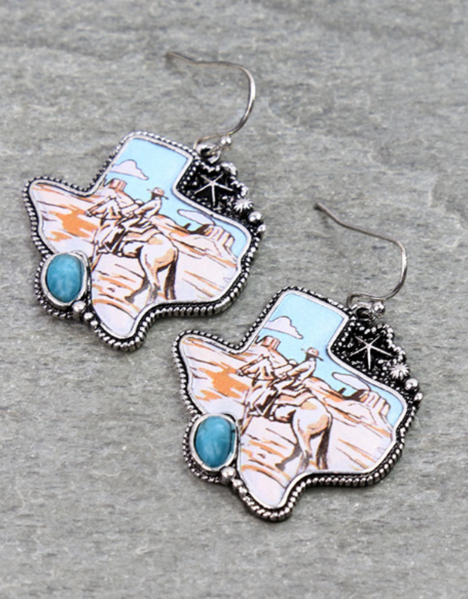 WESTERN COWBOY PRINT TEXAS MAP DANGLE EARRINGS