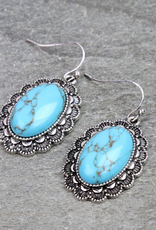 TURQUOISE OVAL STONE FLOWER BOARDER DANGLE EARRINGS