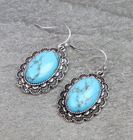 TURQUOISE OVAL STONE FLOWER BOARDER DANGLE EARRINGS