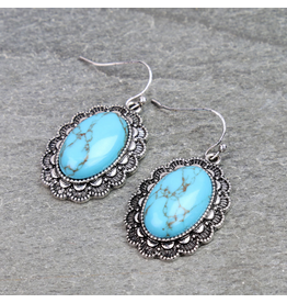 TURQUOISE OVAL STONE FLOWER BOARDER DANGLE EARRINGS