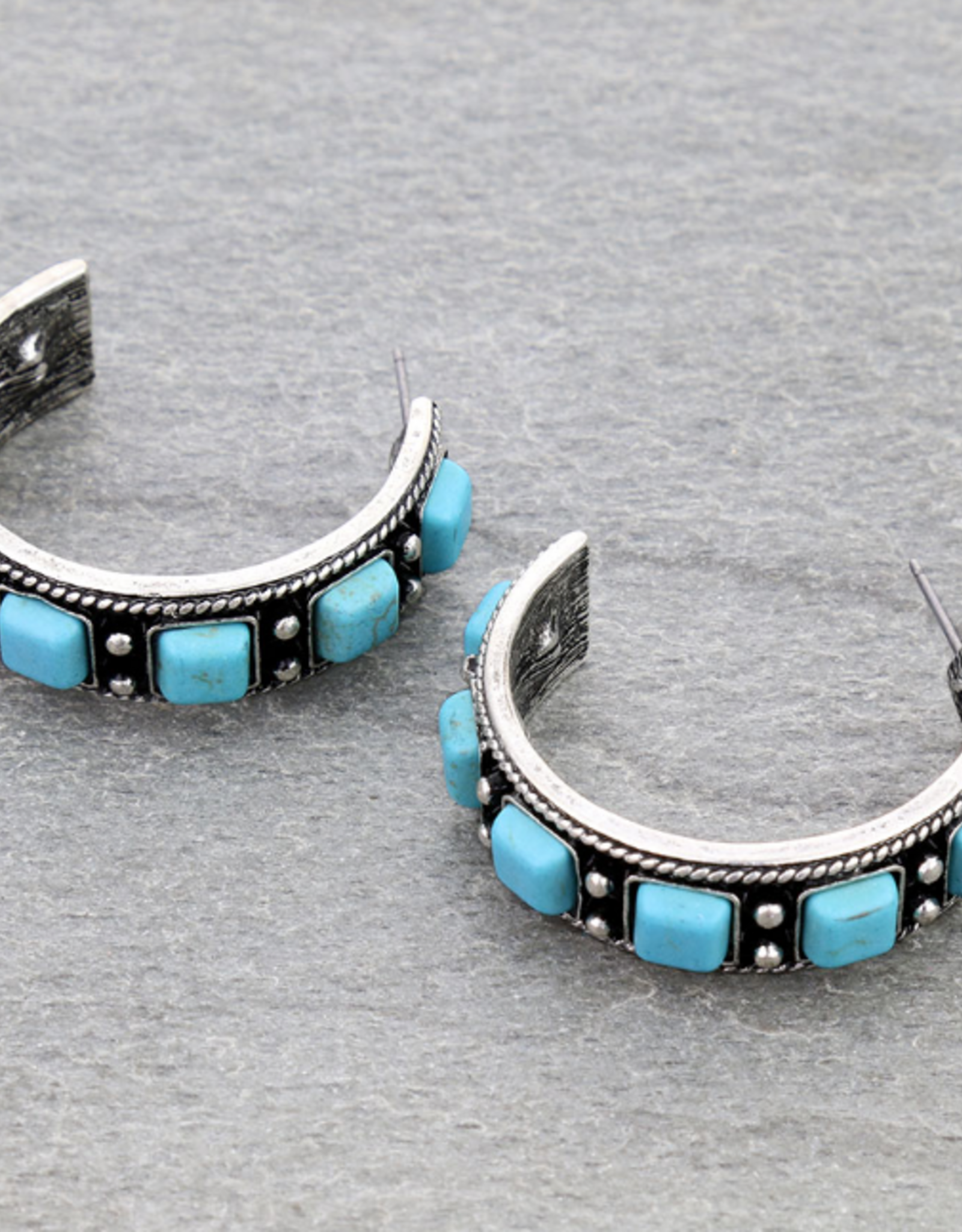 BALL TXR SQUARE TURQUOISE STONES HOOP EARRINGS