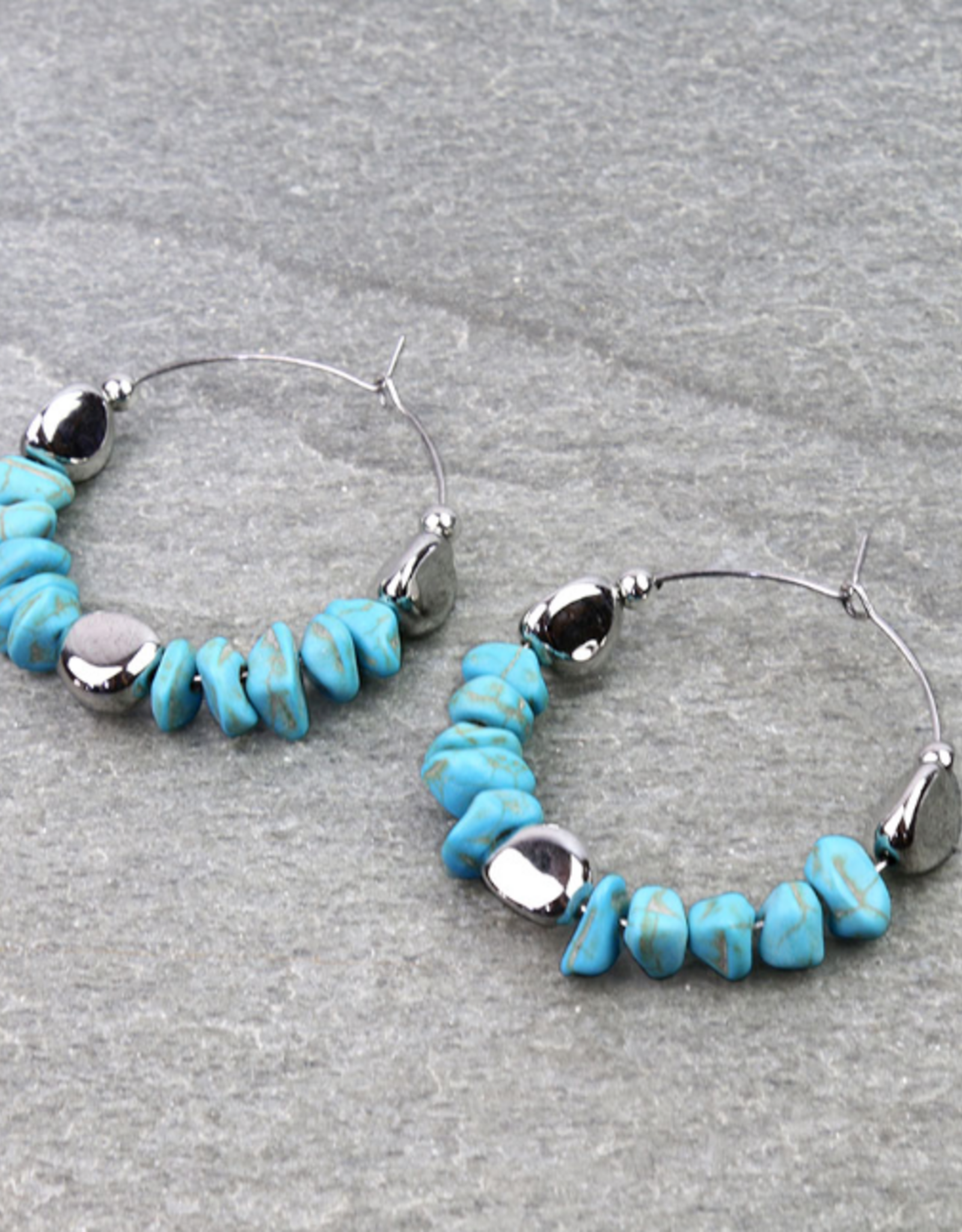 TURQUOISE CHIP STONE HOOP EARRINGS 1.75"