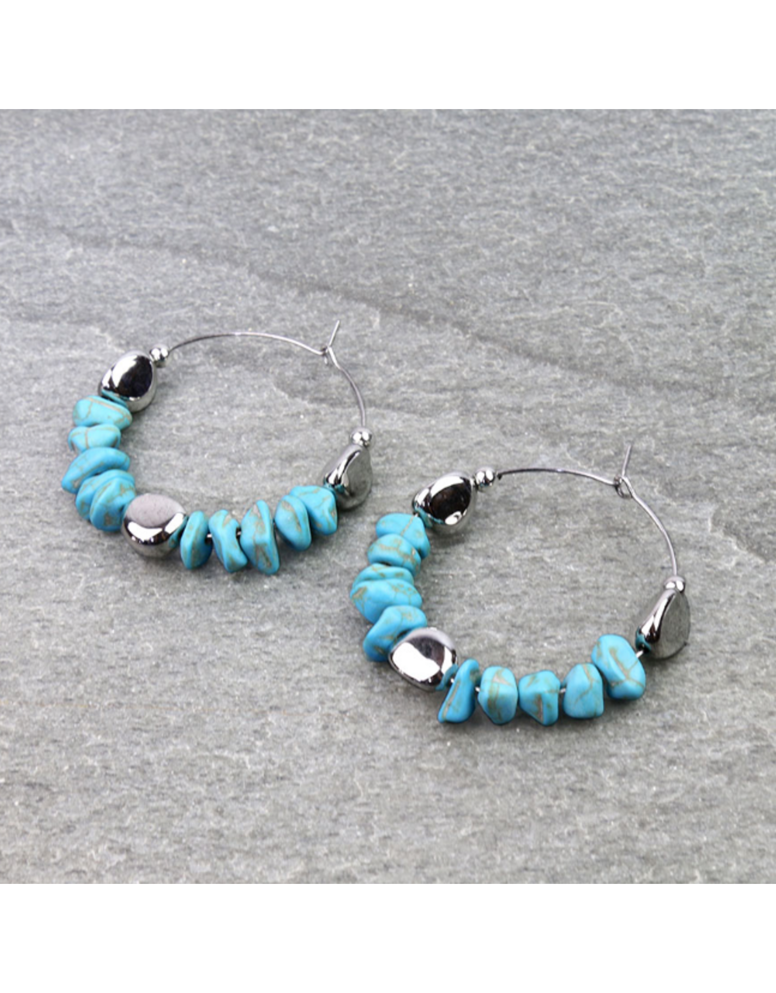 TURQUOISE CHIP STONE HOOP EARRINGS 1.75"