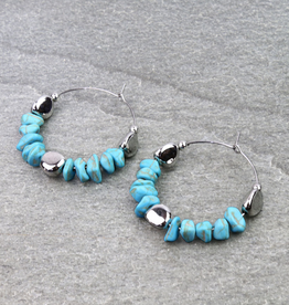 TURQUOISE CHIP STONE HOOP EARRINGS 1.75"