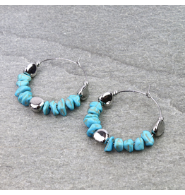 TURQUOISE CHIP STONE HOOP EARRINGS 1.75"