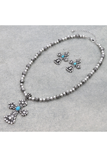 NAVAJO PEARL NECKLACE WITH CROSS PENDANT & EARRINGS