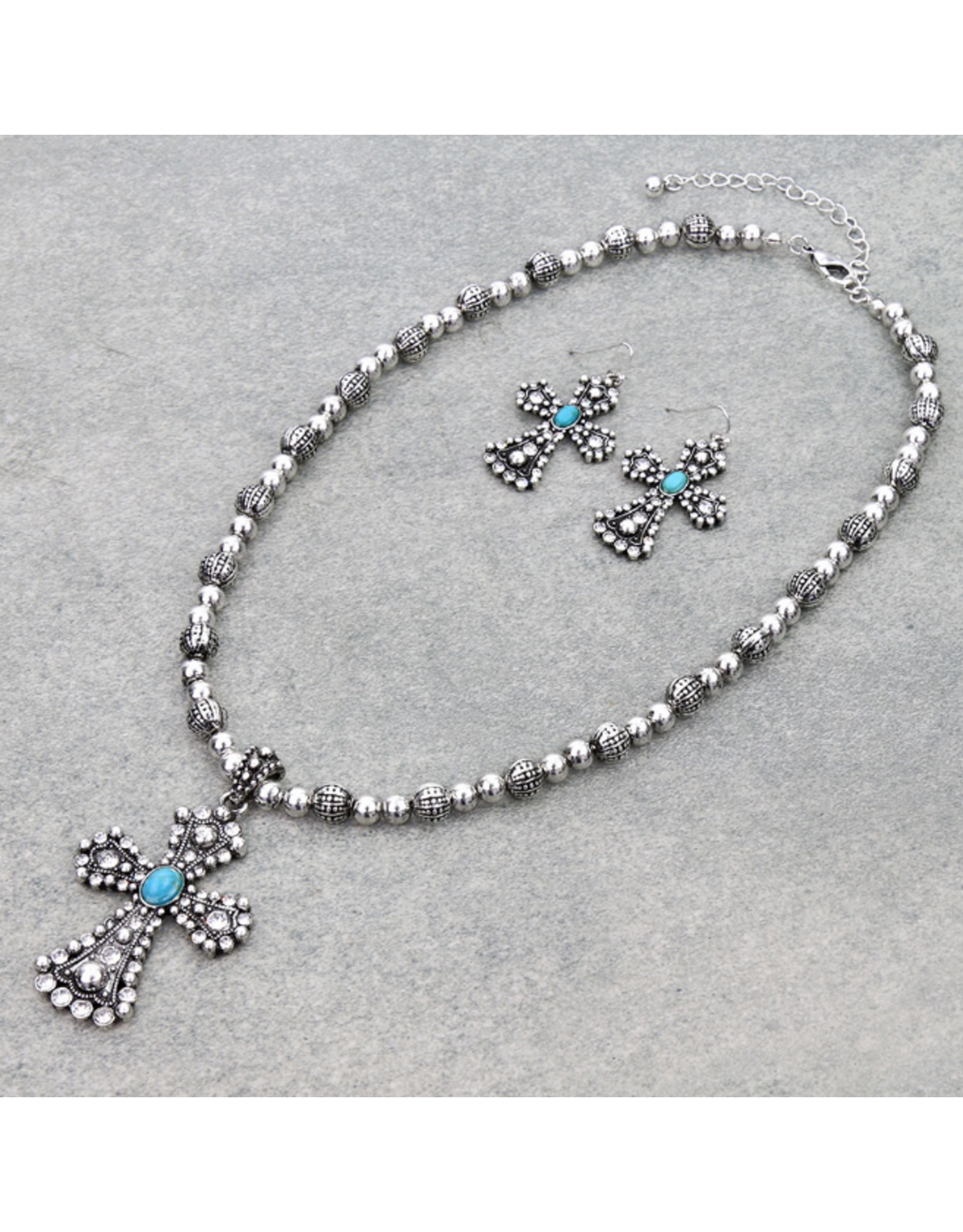 NAVAJO PEARL NECKLACE WITH CROSS PENDANT & EARRINGS