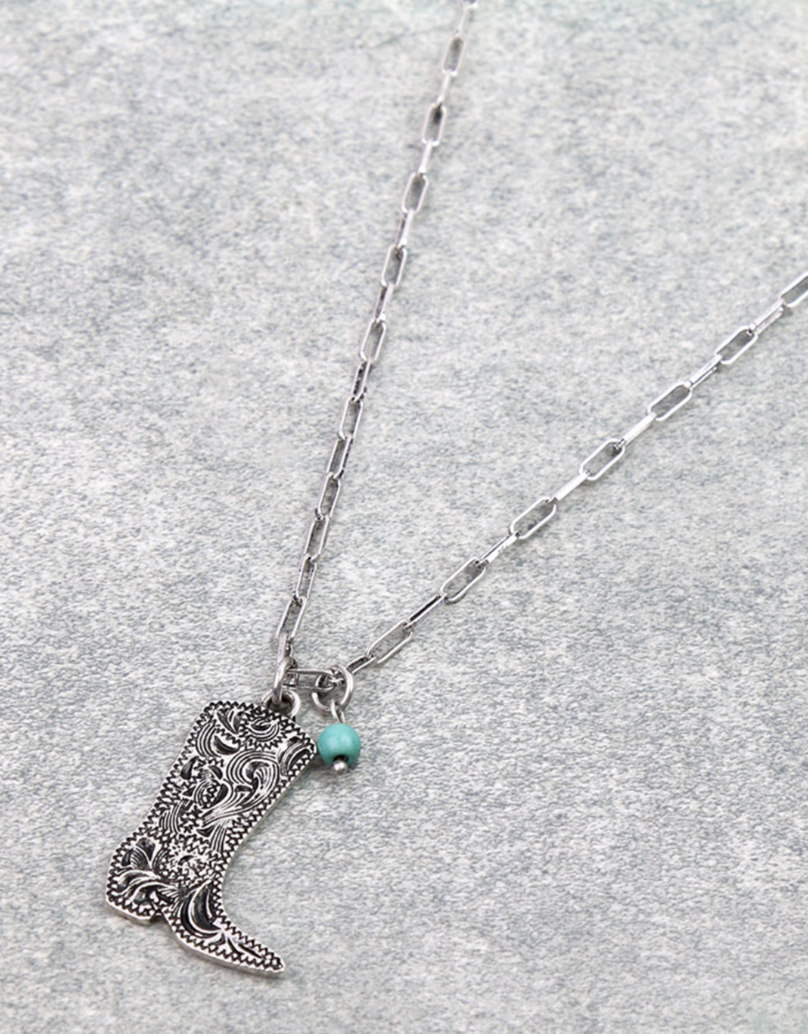 NECKLACE SILVER ENGRAVED COWBOY BOOT WITH TURQUOISE STONE