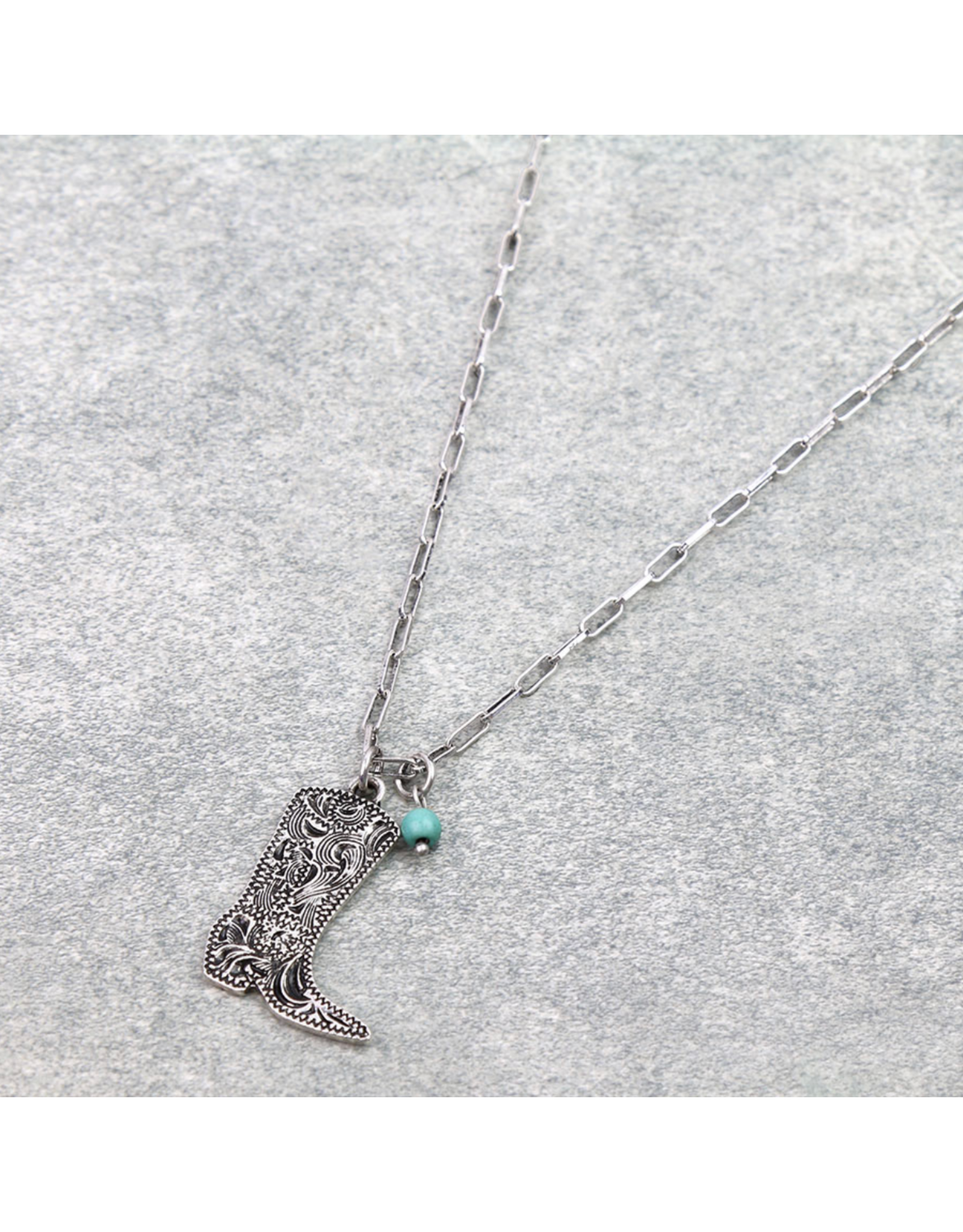 NECKLACE SILVER ENGRAVED COWBOY BOOT WITH TURQUOISE STONE
