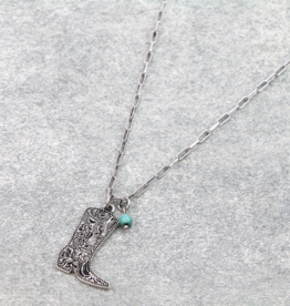 NECKLACE SILVER ENGRAVED COWBOY BOOT WITH TURQUOISE STONE