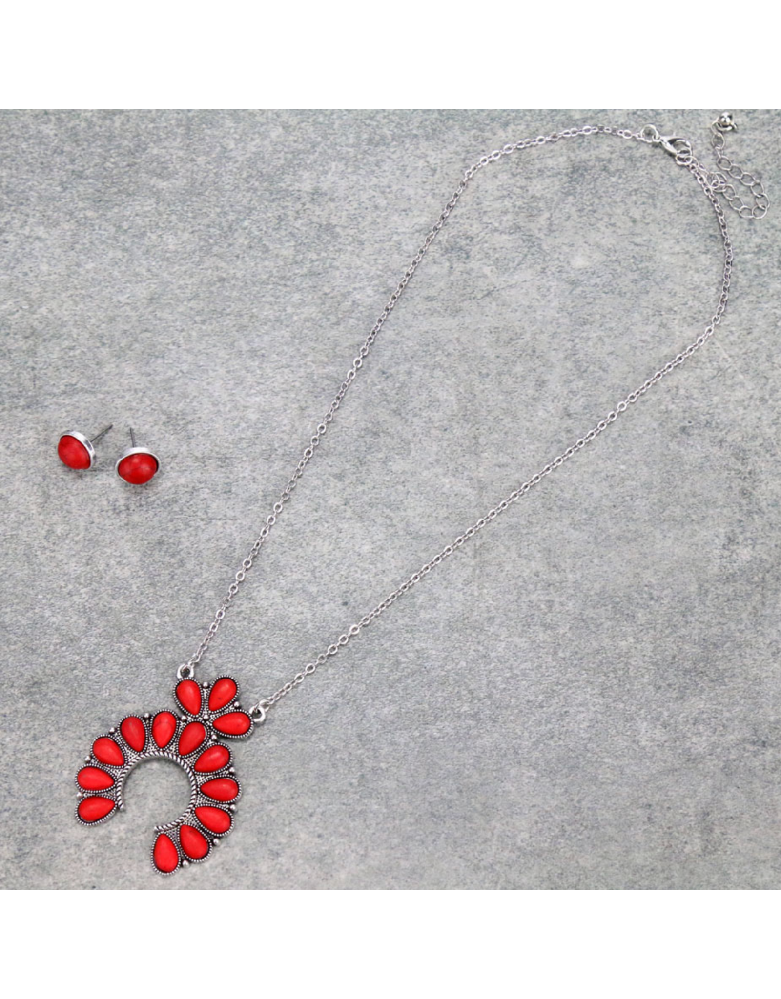 NECKLACE AND EARRINGS RED SQUASH BLOSSOM ON CHAIN