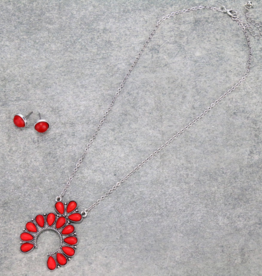 NECKLACE AND EARRINGS RED SQUASH BLOSSOM ON CHAIN