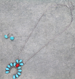 NECKLACE AND EARRINGS TURQUOISE & RED  SQUASH BLOSSOM