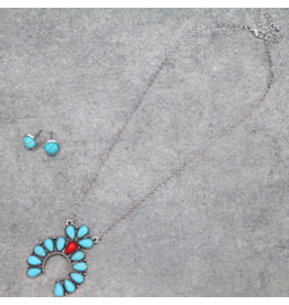 NECKLACE AND EARRINGS TURQUOISE & RED  SQUASH BLOSSOM