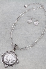 NECKLACE & EARRINGS BUFFALO COIN  ON PAPER CLIP CHAIN