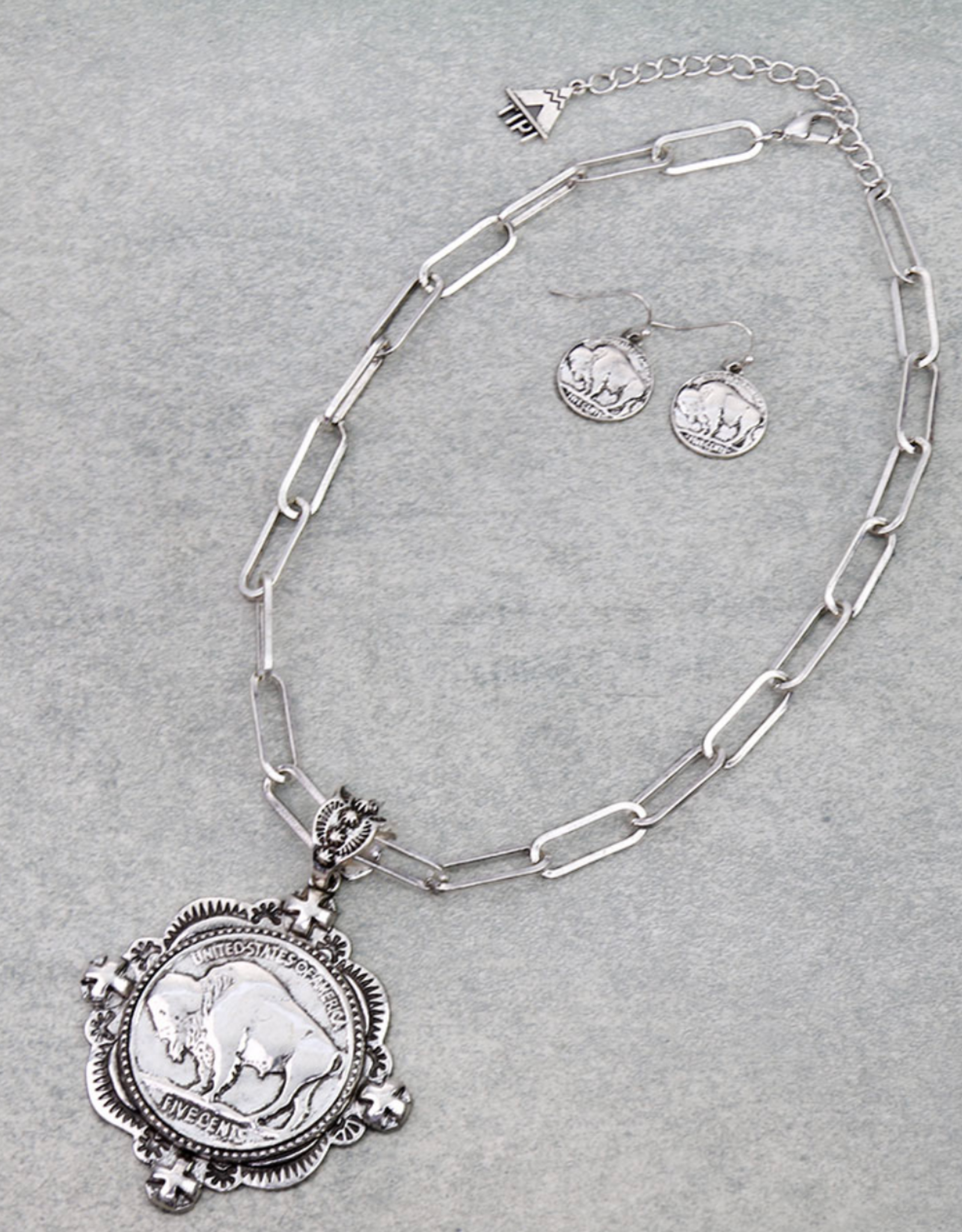 NECKLACE & EARRINGS BUFFALO COIN  ON PAPER CLIP CHAIN